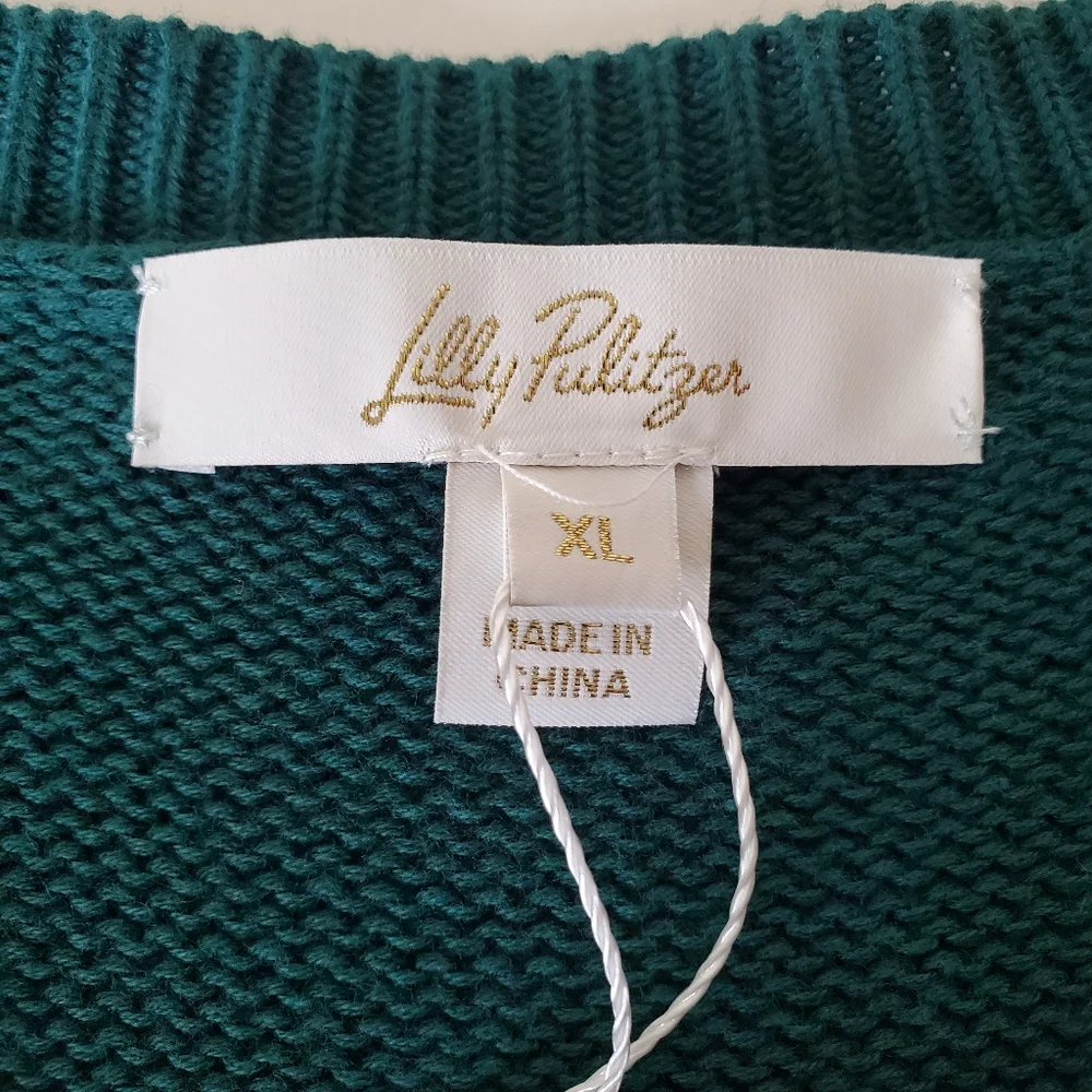 Lilly Pulitzer Wyla Sweater XL Villa Green Tossed Crochet Flowers VNeck Knit Pom